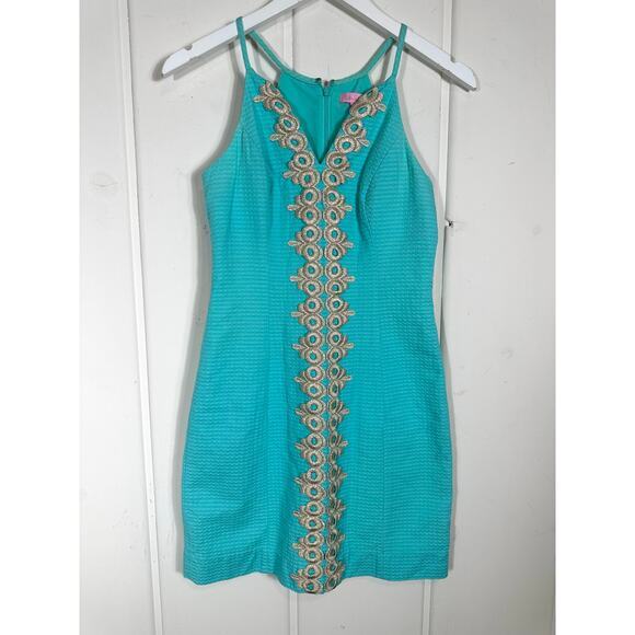Lilly Pulitzer Pearl Shift Dress Size 00 Seaside Aqua &‎ Gold Metallic Preppy - Picture 3 of 12